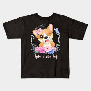 cute little corgi with floral portrait tshirt Kids T-Shirt